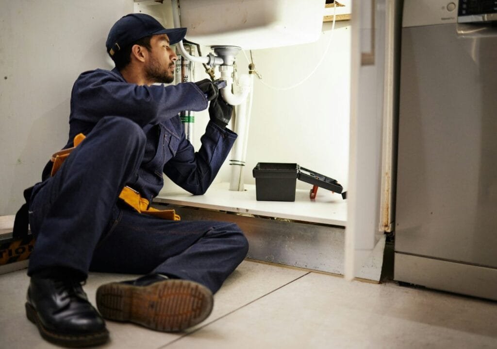 plumbing handyman and maintenance with man in kitchen for repair industrial and inspection pipes